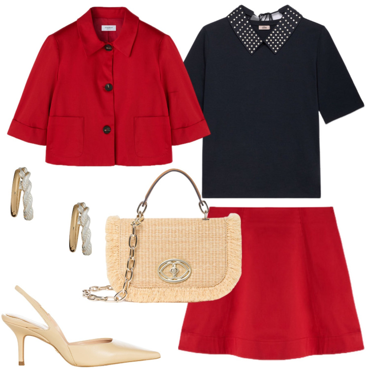 Outfit donna - Rosso e nero. Stile Trendy per Cerimonia. Abbinamento con décolleté, orecchini, t-shirt, blazer, borse a tracolla, minigonne.