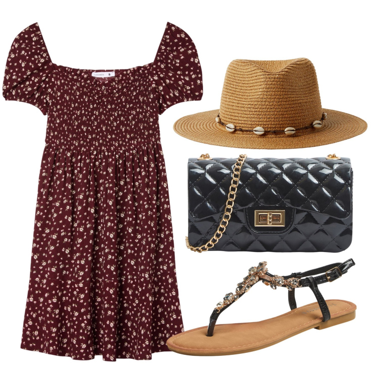 Outfit donna - Colori della terra. Stile Trendy per Tutti i giorni. Abbinamento con vestiti corti, borse a tracolla, sandali gioiello, cappelli.