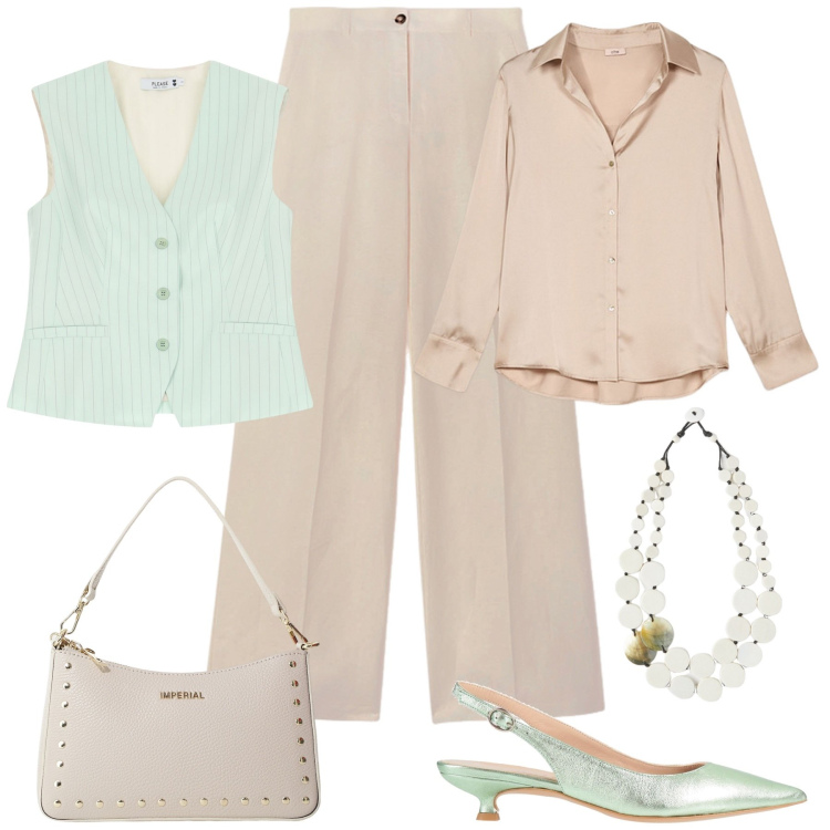 Outfit donna - Una collana per la cerimonia. Stile Chic per Cerimonia. Abbinamento con décolleté, gilet, borse a spalla, camicie, ciondoli, pantaloni.