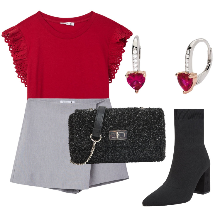 Outfit donna - La madrina. Stile Bon Ton per Cerimonia. Abbinamento con minigonne, t-shirt, stivaletti, borse a tracolla, orecchini.