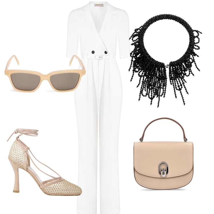 Outfit donna - La collana protagonista. Stile Glamour per Ufficio. Abbinamento con tute, décolleté, collane, occhiali da sole, borse a mano.