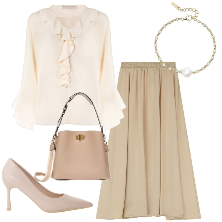 Outfit donna - Sabato in centro. Stile Chic per Tutti i giorni. Abbinamento con gonne lunghe, décolleté, braccialetti, bluse, borse a secchiello.