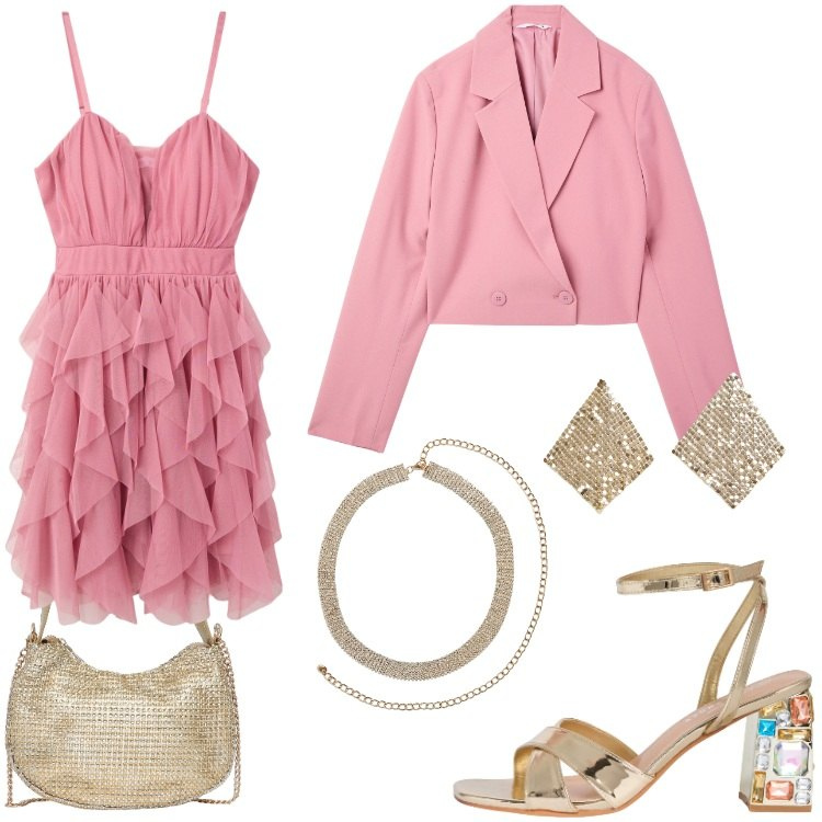 Outfit donna - Gold and pink. Stile Romantica per Serata fuori. Abbinamento con blazer, sandali gioiello, vestiti corti, borse a spalla, orecchini, collane.