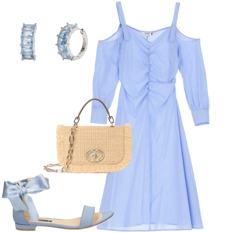 Outfit donna - Azzurro. Stile Romantica per Tutti i giorni. Abbinamento con sandali in pelle, orecchini, vestiti, borse a tracolla.
