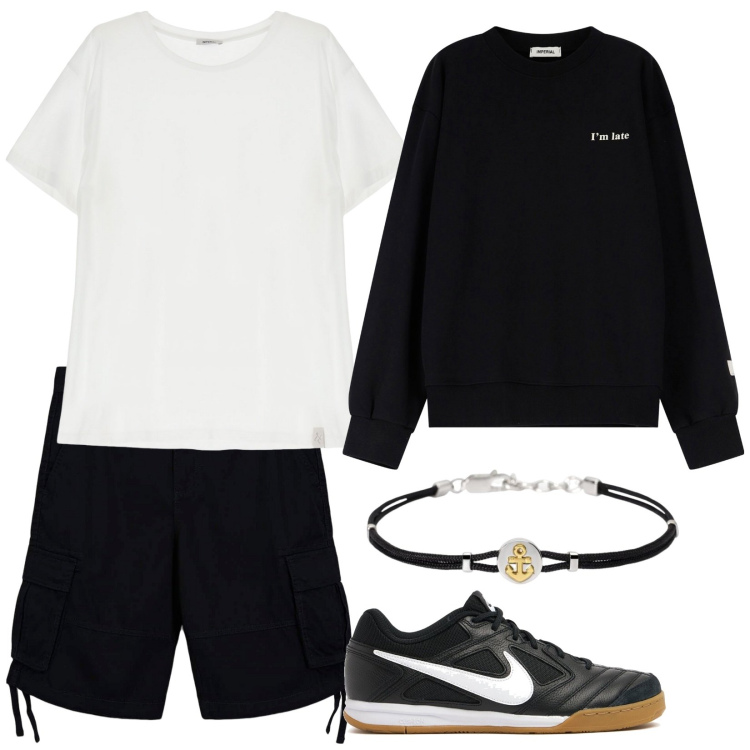 Outfit uomo - Black and White. Stile Casual per Sport. Abbinamento con felpe, t-shirt, bermuda, braccialetti, sneakers.