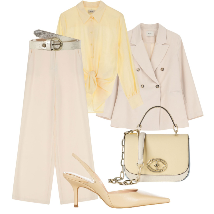 Outfit donna - Crema e burro H24. Stile Glamour per Tutti i giorni. Abbinamento con blazer, camicie, cinture, pantaloni, décolleté, borse a tracolla.