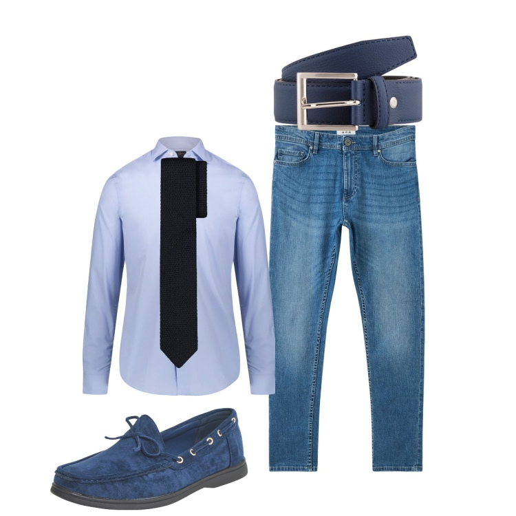 Outfit uomo - In maniche di camicia. Stile Trendy per Ufficio. Abbinamento con jeans skinny, scarpe stringate, camicie, cinture, cravatte.