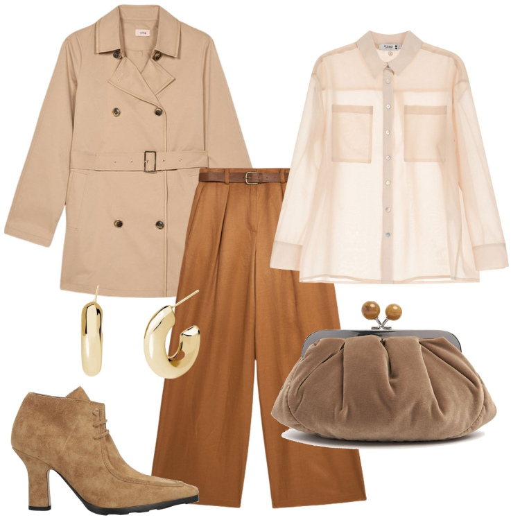 Outfit donna - Autunno. Stile Casual per Tutti i giorni. Abbinamento con stivaletti, orecchini, camicie, pochette, trench, pantaloni a palazzo.