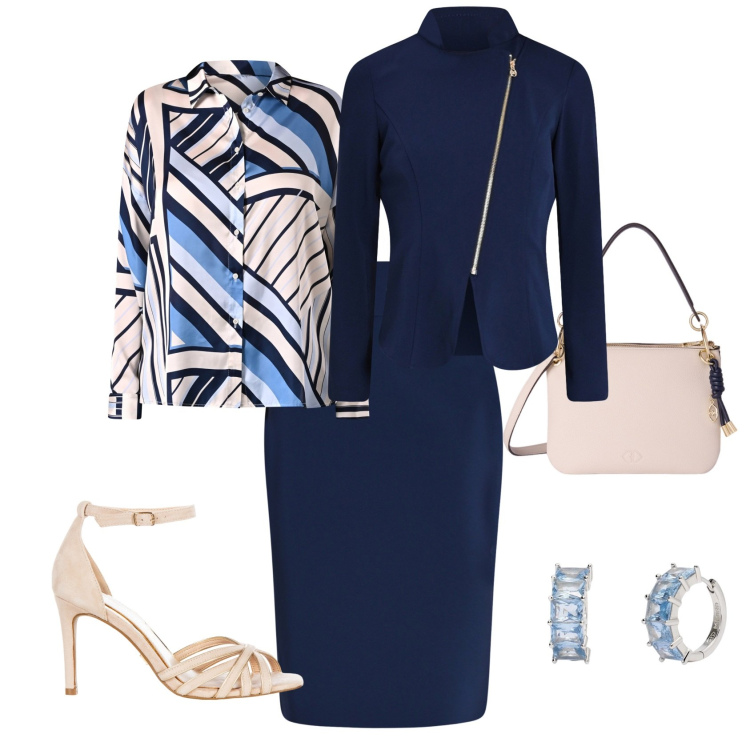 Outfit donna - Sera in blu. Stile Casual chic per Serata fuori. Abbinamento con orecchini, blazer, gonne, camicie, sandali col tacco, borse a tracolla.
