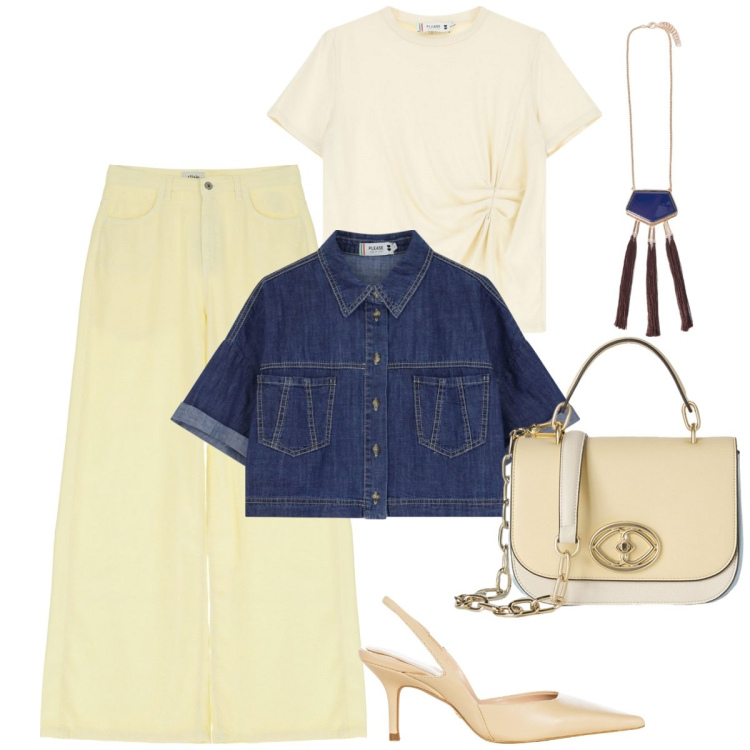 Outfit donna - Giallo burro. Stile Casual chic per Serata fuori. Abbinamento con pantaloni, décolleté, blazer, t-shirt, borse a tracolla, ciondoli.