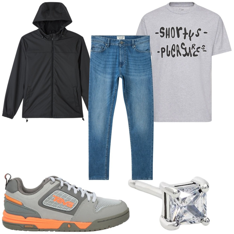 Outfit uomo - Total look #2116598. Stile Urban per Tutti i giorni. Abbinamento con sneakers, orecchini, jeans skinny, giacche, t-shirt.