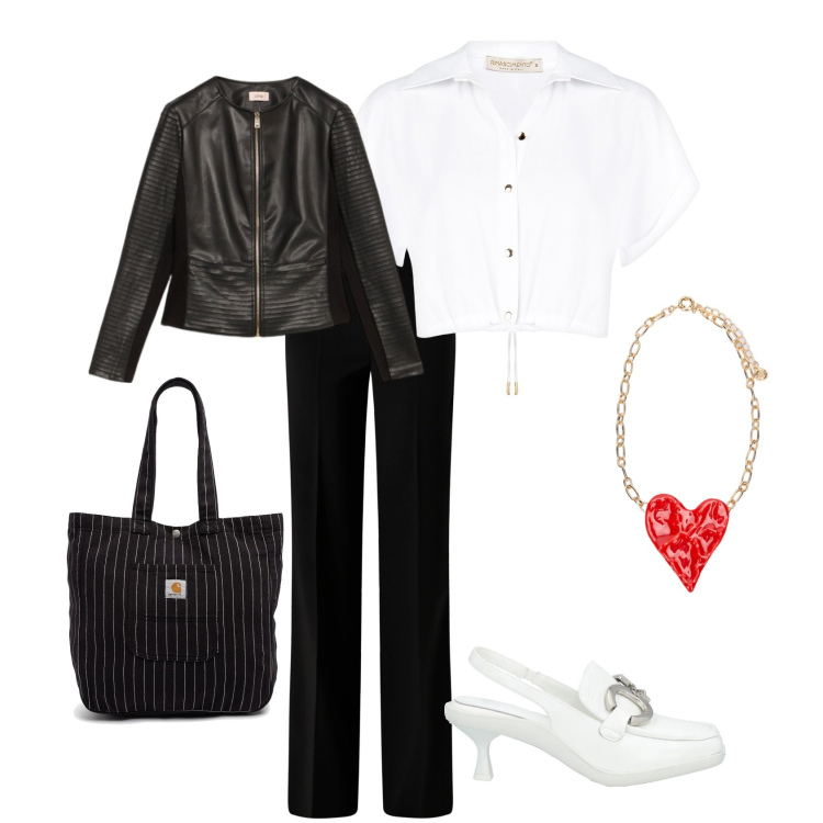 Outfit donna - Total look #2116603. Stile Casual per Ufficio. Abbinamento con décolleté, pantaloni a palazzo, camicie a manica corta, giacche, borse tote, ciondoli.