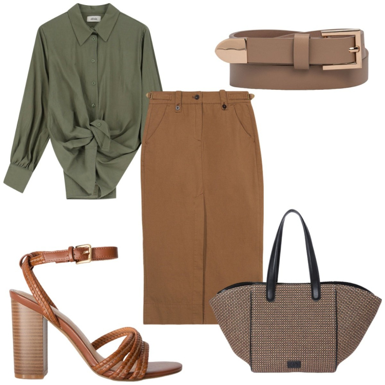 Outfit donna - Total look #2116604. Stile Trendy per Tutti i giorni. Abbinamento con camicie, cinture, sandali col tacco, gonne, shopping bag.