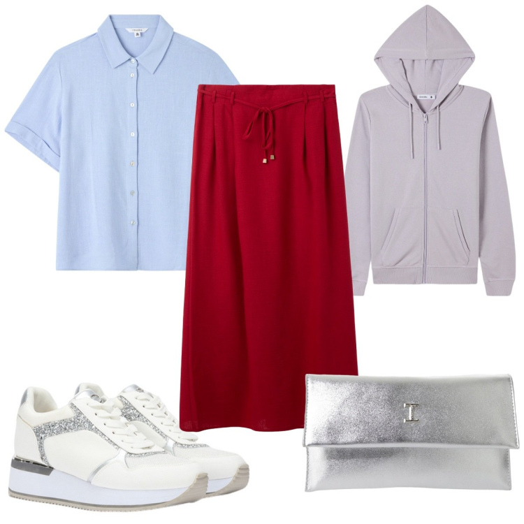 Outfit donna - Total look #2116614. Stile Sporty chic per Tutti i giorni. Abbinamento con gonne lunghe, camicie a manica corta, felpe con cappuccio, pochette, sneakers.