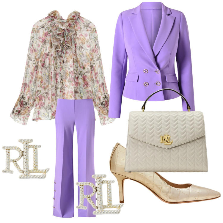 Outfit donna - Festa di laurea. Stile Chic per Cerimonia. Abbinamento con pantaloni a palazzo, blazer, camicie, orecchini, décolleté, borse a mano.