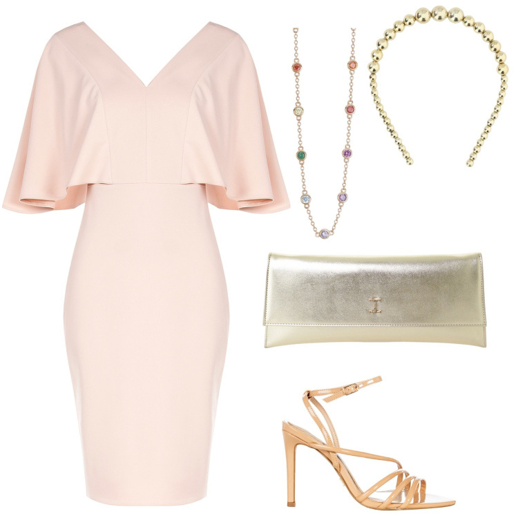 Outfit donna - Golden day. Stile Chic per Cerimonia. Abbinamento con vestiti a tubino, sandali col tacco, collane, pochette, cerchietti.