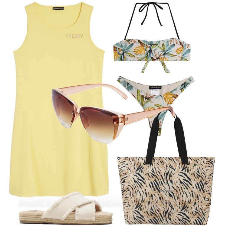 Outfit donna - Prendisole giallino. Stile Trendy per Mare. Abbinamento con ciabatte, occhiali da sole, shopping bag, bikini, vestiti senza maniche, bikini.