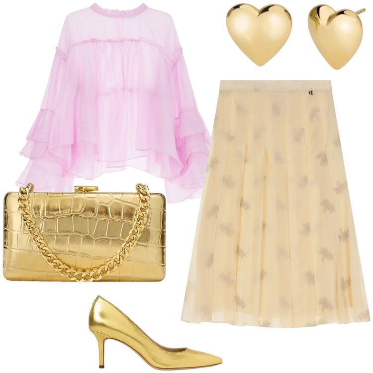Outfit donna - La gonna color burro per romantici. Stile Romantica per Cerimonia. Abbinamento con orecchini, gonne longuette, camicie, décolleté, clutch.