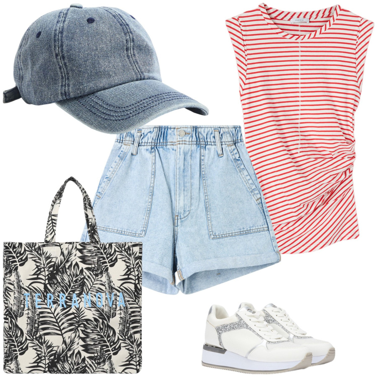 Outfit donna - Due passi di domenica mattina. Stile Casual chic per Tutti i giorni. Abbinamento con shorts, borse tote, cappelli, sneakers, top.