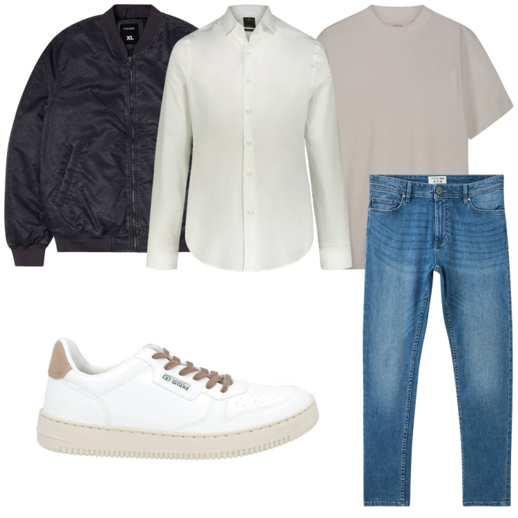 Outfit uomo - Total look #2116635. Stile Trendy per Tutti i giorni. Abbinamento con sneakers, jeans skinny, bomber, t-shirt, camicie.