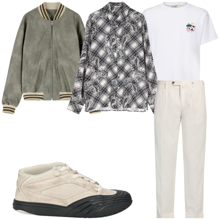 Outfit uomo - Total look #2116640. Stile Trendy per Tutti i giorni. Abbinamento con pantaloni chino, sneakers, camicie, bomber, t-shirt.