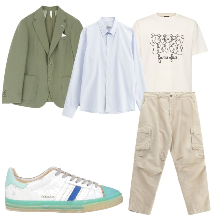 Outfit uomo - Total look #2116663. Stile Trendy per Tutti i giorni. Abbinamento con sneakers, camicie, giacche, pantaloni cargo, t-shirt.