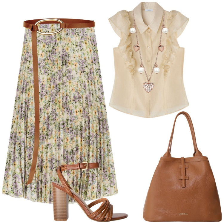 Outfit donna - Gonna plissettata fiori. Stile Bon Ton per Tutti i giorni. Abbinamento con borse tote, gonne lunghe, collane, cinture, camicie, sandali col tacco.