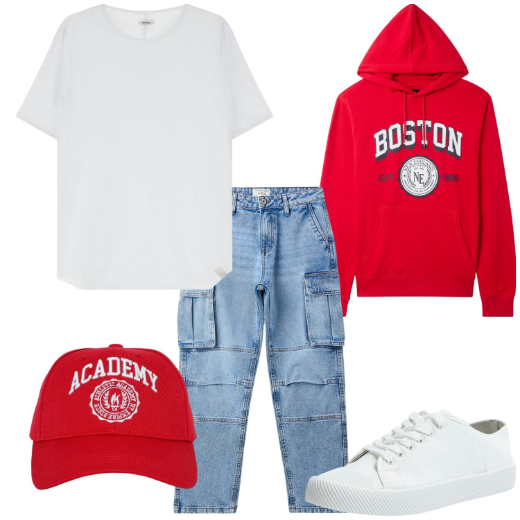 Outfit uomo - Total look #2116687. Stile Urban per Tutti i giorni. Abbinamento con cappelli, sneakers, felpe con cappuccio, jeans, t-shirt.