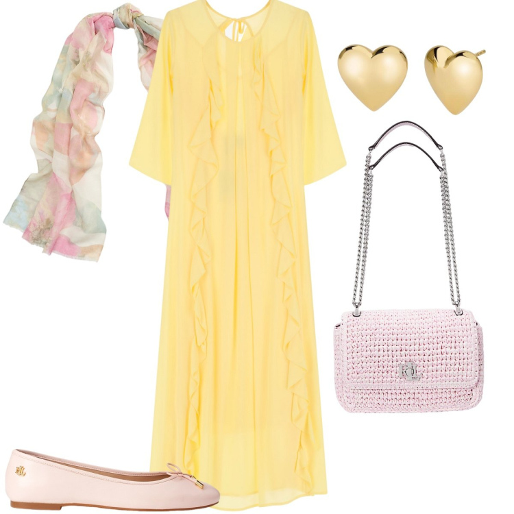 Outfit donna - Giallo Burro - Il colore della primavera. Stile Romantica per Tutti i giorni. Abbinamento con orecchini, vestiti lunghi, ballerine, sciarpe, borse a spalla.