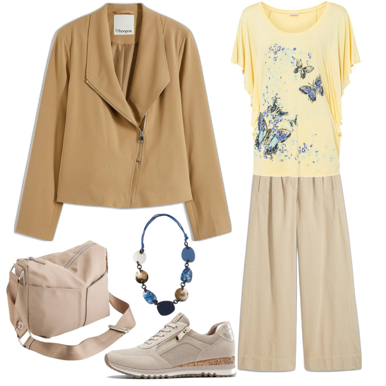Outfit donna - Giallo con farfalle. Stile Trendy per Tutti i giorni. Abbinamento con sneakers, bomber, pantaloni, maglieria, borse a tracolla, collane.