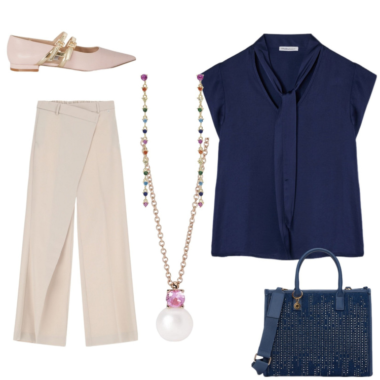 Outfit donna - MyStile. Stile Casual chic per Cerimonia. Abbinamento con collane, orecchini, pantaloni, bluse, ballerine, borse a mano.