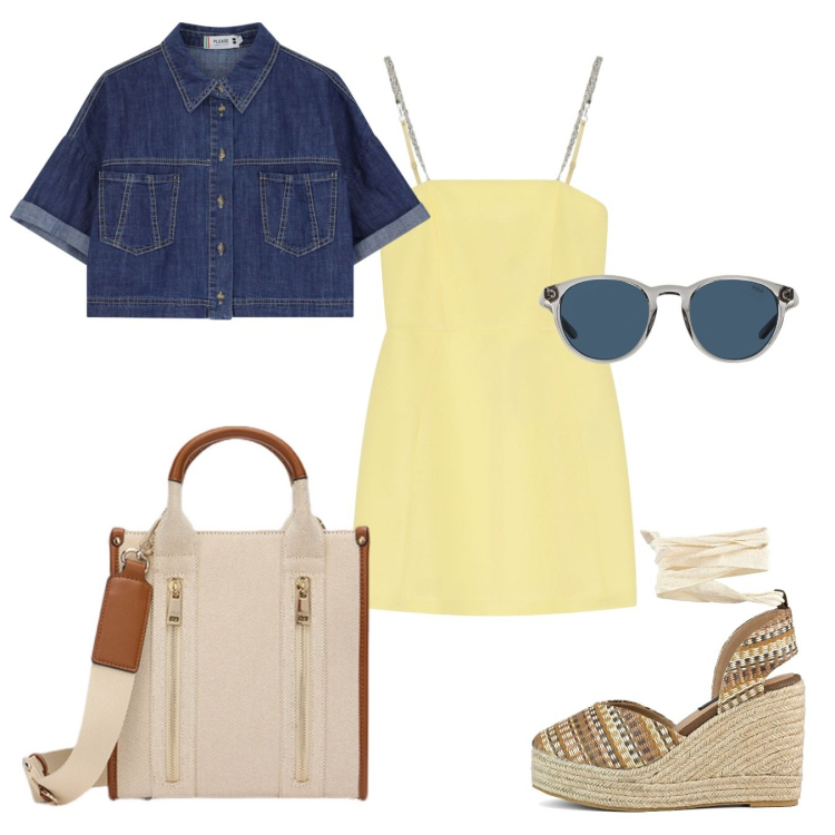 Outfit donna - Colazione in spiaggia. Stile Casual chic per Tutti i giorni. Abbinamento con blazer, vestiti corti, occhiali da sole, zeppe, borse tote.