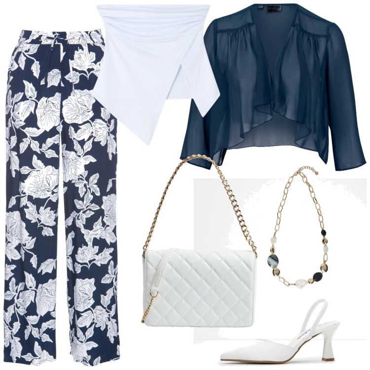 Outfit donna - Giacca corta blu. Stile Chic per Cerimonia. Abbinamento con pantaloni a palazzo, blazer, décolleté, top, borse a tracolla, collane.