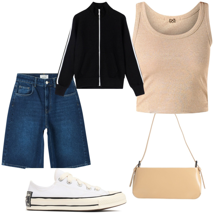 Outfit donna - Passeggiata per i boschi. Stile Basic per Tutti i giorni. Abbinamento con borse a spalla, bermuda, canottiere, felpe sportive, sneakers.