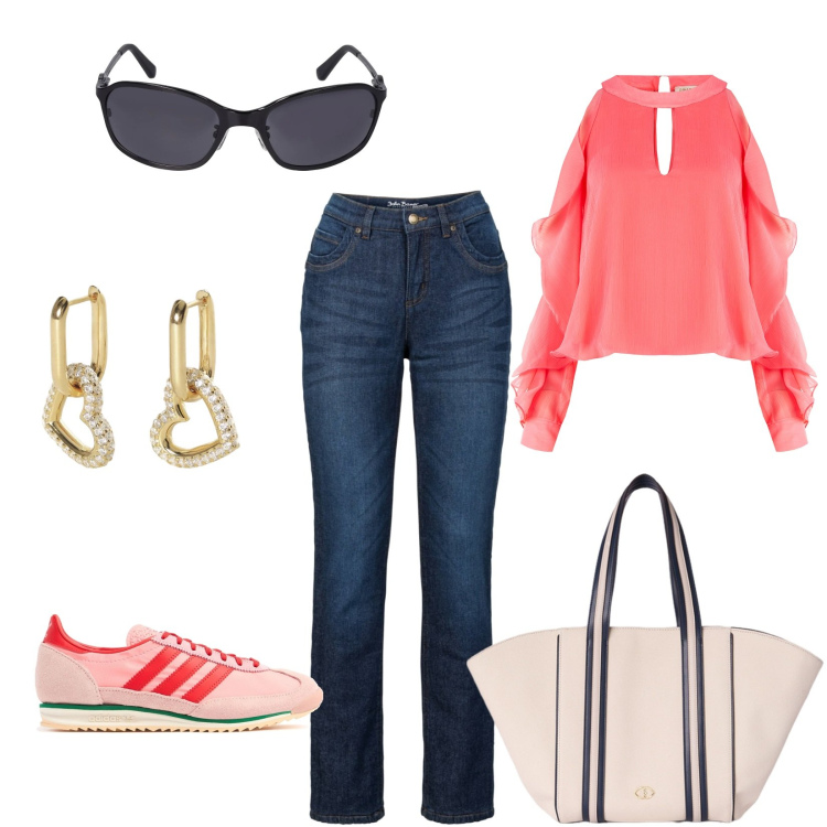 Outfit donna - Primavera. Stile Casual per Ufficio. Abbinamento con jeans dritti, orecchini, bluse, occhiali da sole, sneakers, shopping bag.
