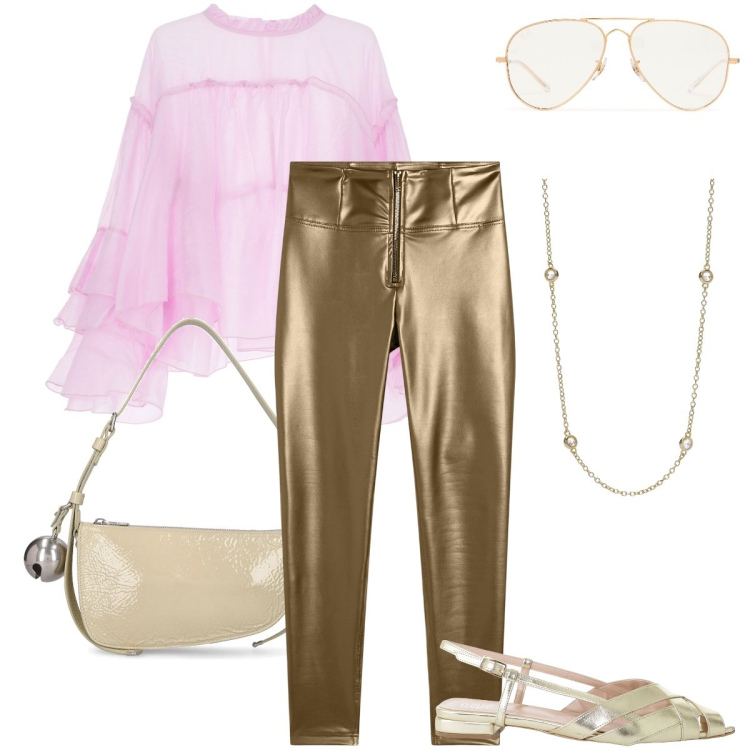 Outfit donna - Dettagli dorati. Stile Glamour per Serata fuori. Abbinamento con collane, pantaloni skinny, sandali, camicie, occhiali da sole, borse a spalla.
