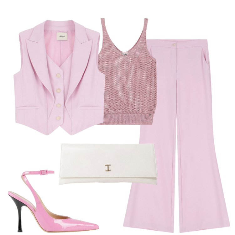 Outfit donna - Pink. Stile Trendy per Tutti i giorni. Abbinamento con décolleté, canottiere, pochette, pantaloni, gilet.