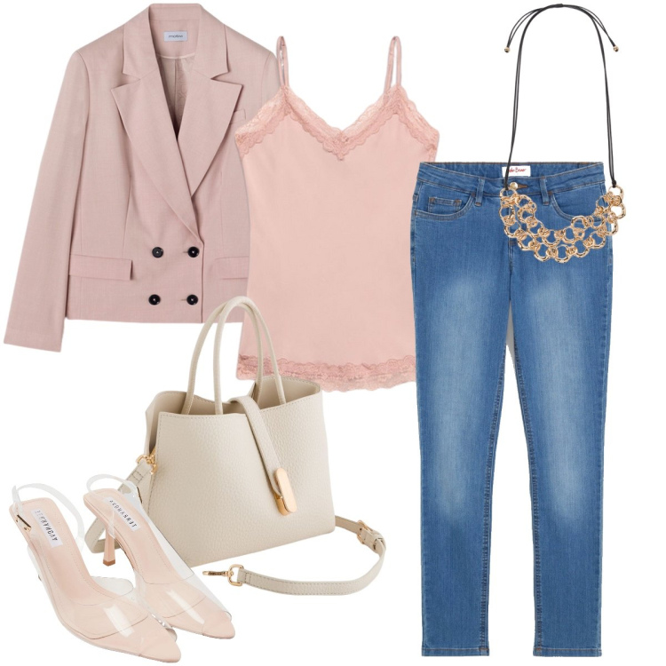 Outfit donna - Romantica con i jeans. Stile Romantica per Serata fuori. Abbinamento con jeans skinny, sandali col tacco, collane, top, blazer, borse a mano.