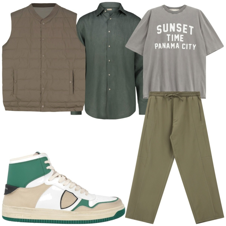 Outfit uomo - Total look #2116743. Stile Trendy per Tutti i giorni. Abbinamento con sneakers alte, pantaloni cargo, t-shirt, gilet, camicie.
