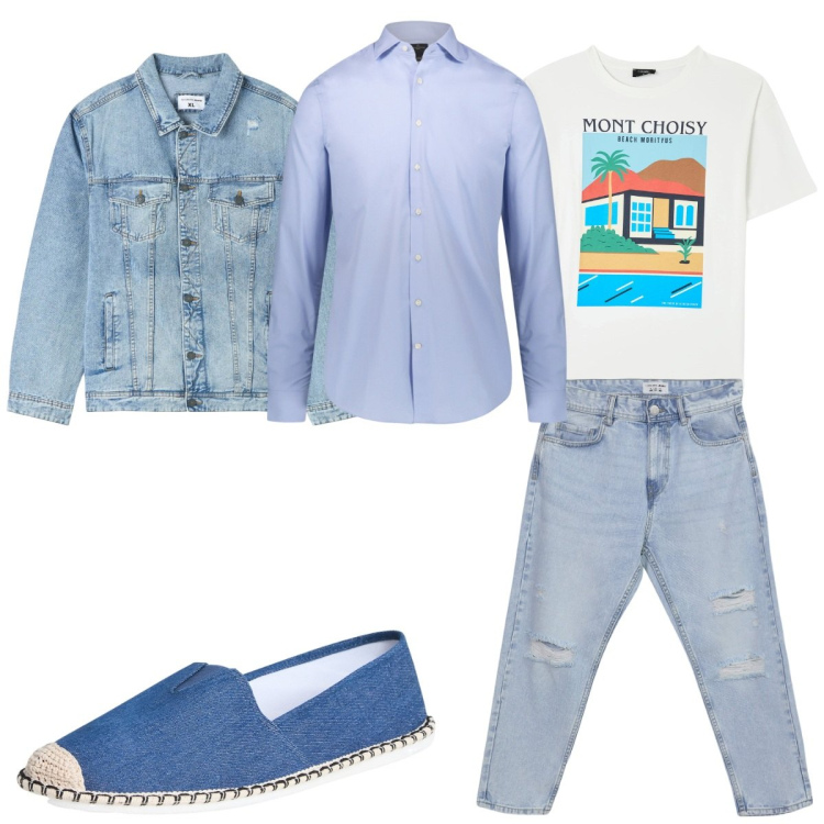 Outfit uomo - Total look #2116762. Stile Trendy per Tutti i giorni. Abbinamento con giacche, t-shirt, espadrillas, jeans strappati, camicie.