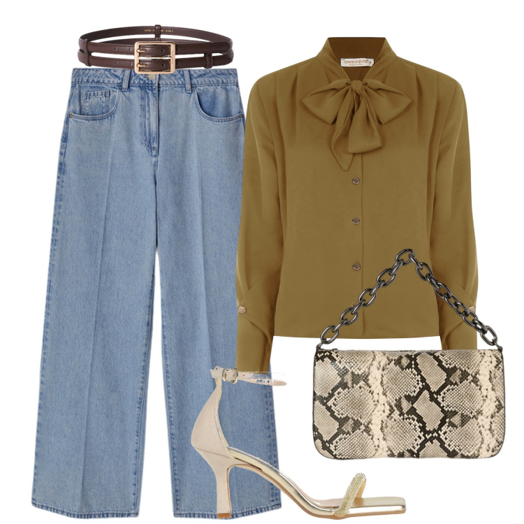 Outfit donna - Verde militare. Stile Casual chic per Ufficio. Abbinamento con sandali col tacco, bluse, jeans, borse a tracolla, cinture.