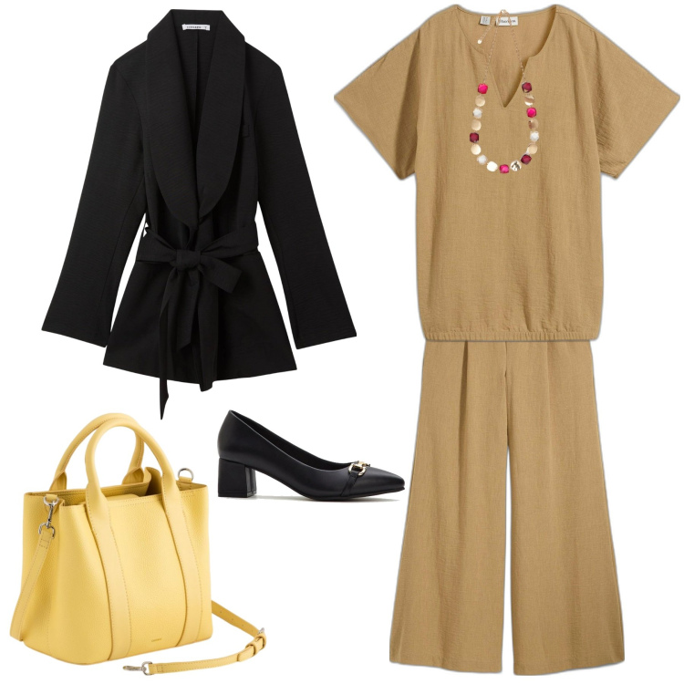 Outfit donna - La borsa che illumina. Stile Trendy per Ufficio. Abbinamento con bluse, pantaloni a palazzo, décolleté, blazer, collane, borse a mano.