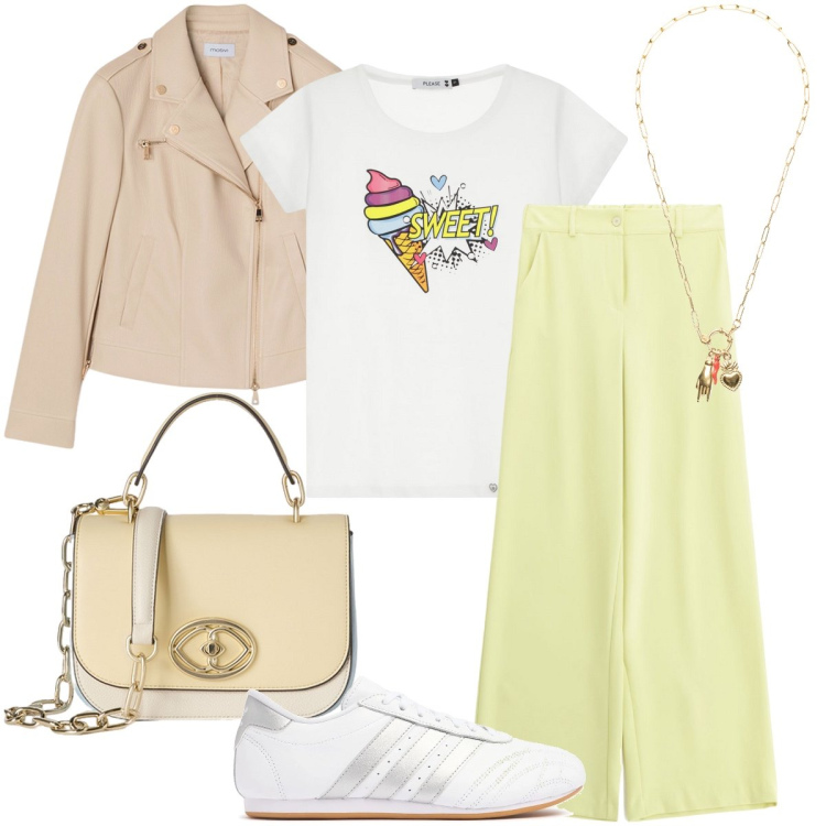 Outfit donna - Il pantalone giallo burro. Stile Urban per Tutti i giorni. Abbinamento con t-shirt, ciondoli, pantaloni, sneakers, borse a tracolla, blazer.