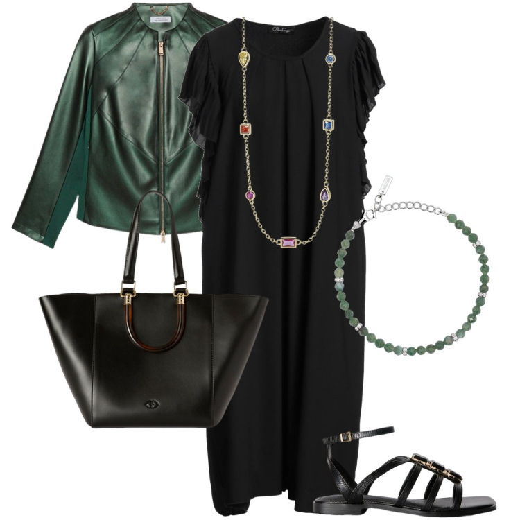 Outfit donna - Dettagli verdi. Stile Bon Ton per Serata fuori. Abbinamento con vestiti midi/longuette, collane, braccialetti, blazer, sandali gioiello, shopping bag.
