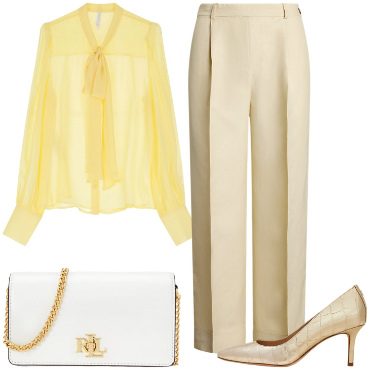 Outfit donna - Giallo Burro - Il colore che incanta la. Stile Chic per Cerimonia. Abbinamento con camicie, borse a mano, décolleté, pantaloni.