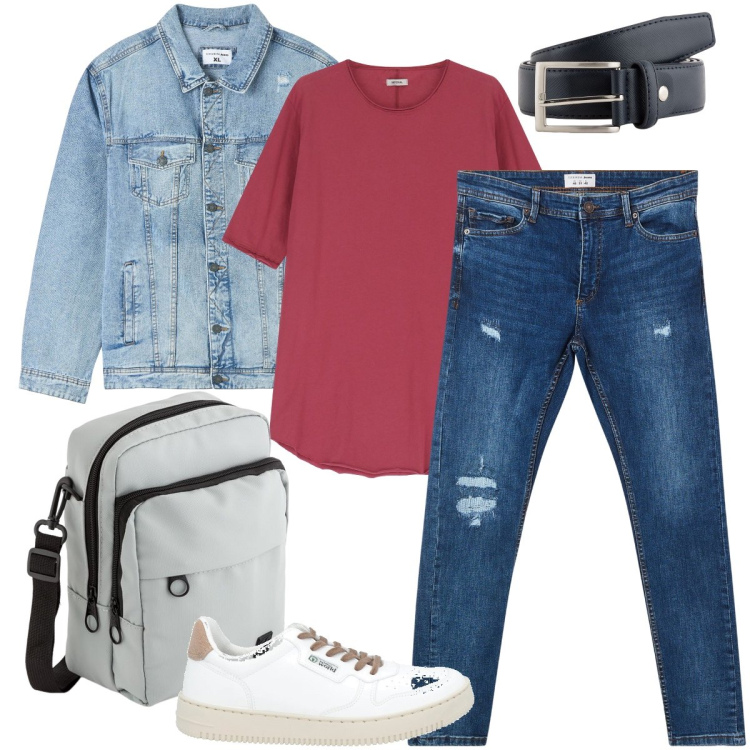 Outfit uomo - La t-shirt corallo. Stile Urban per Tutti i giorni. Abbinamento con sneakers, giacche, jeans strappati, t-shirt, borse sportive, cinture.