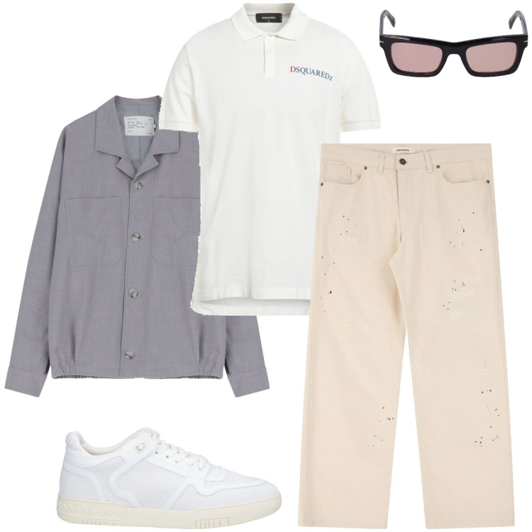 Outfit uomo - Il denim decorato. Stile Urban per Tutti i giorni. Abbinamento con sneakers, polo, cappotti, pantaloni, occhiali da sole.