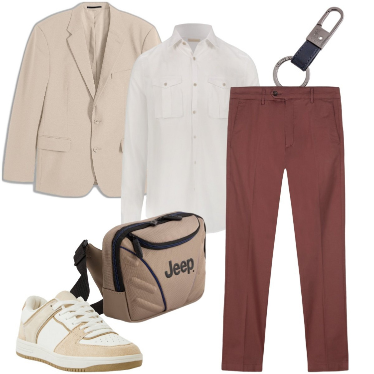 Outfit uomo - In ufficio. Stile Business/Elegante per Ufficio. Abbinamento con giacche, sneakers, camicie, pantaloni chino, borse sportive, portachiavi.