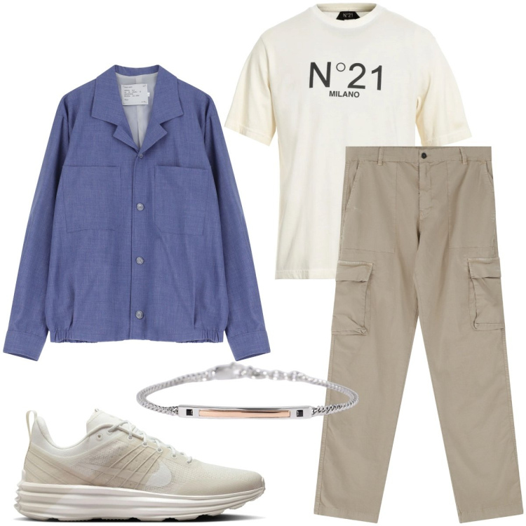 Outfit uomo - Il giubbotto color denim. Stile Urban per Ufficio. Abbinamento con t-shirt, braccialetti, pantaloni cargo, cappotti, sneakers.