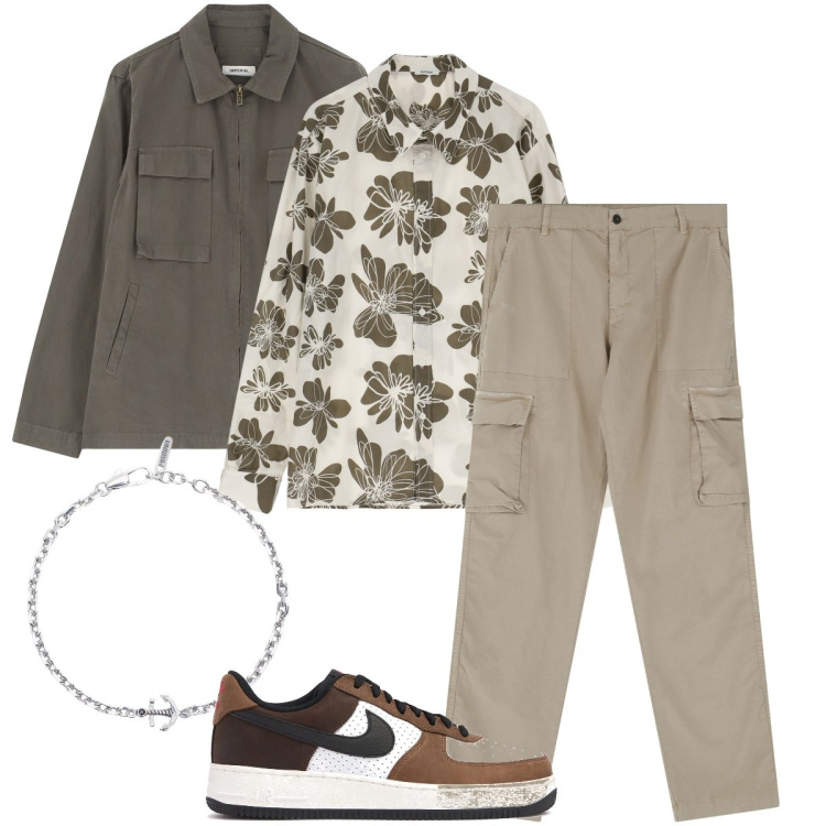 Outfit uomo - La camicia floreale. Stile Trendy per Ufficio. Abbinamento con braccialetti, cappotti, camicie, pantaloni cargo, sneakers.